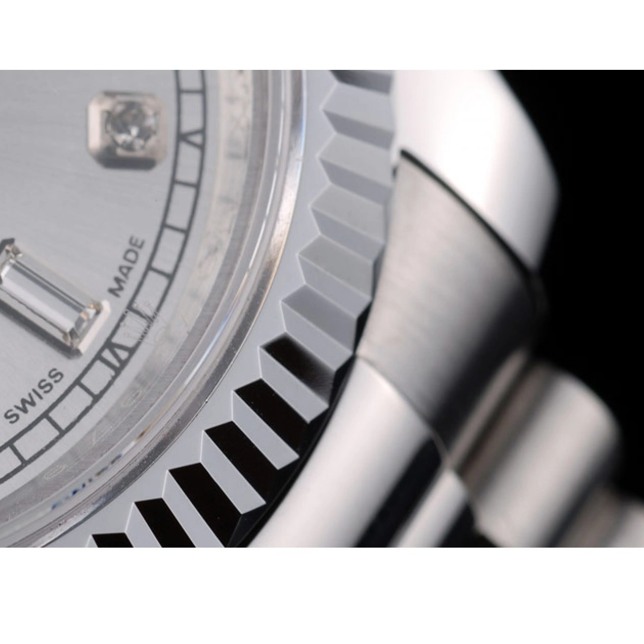 Rolex aaa copy Swiss Silver Ribbed Steel Rolex DayDate Stainless Bezel Dial 41995 0503